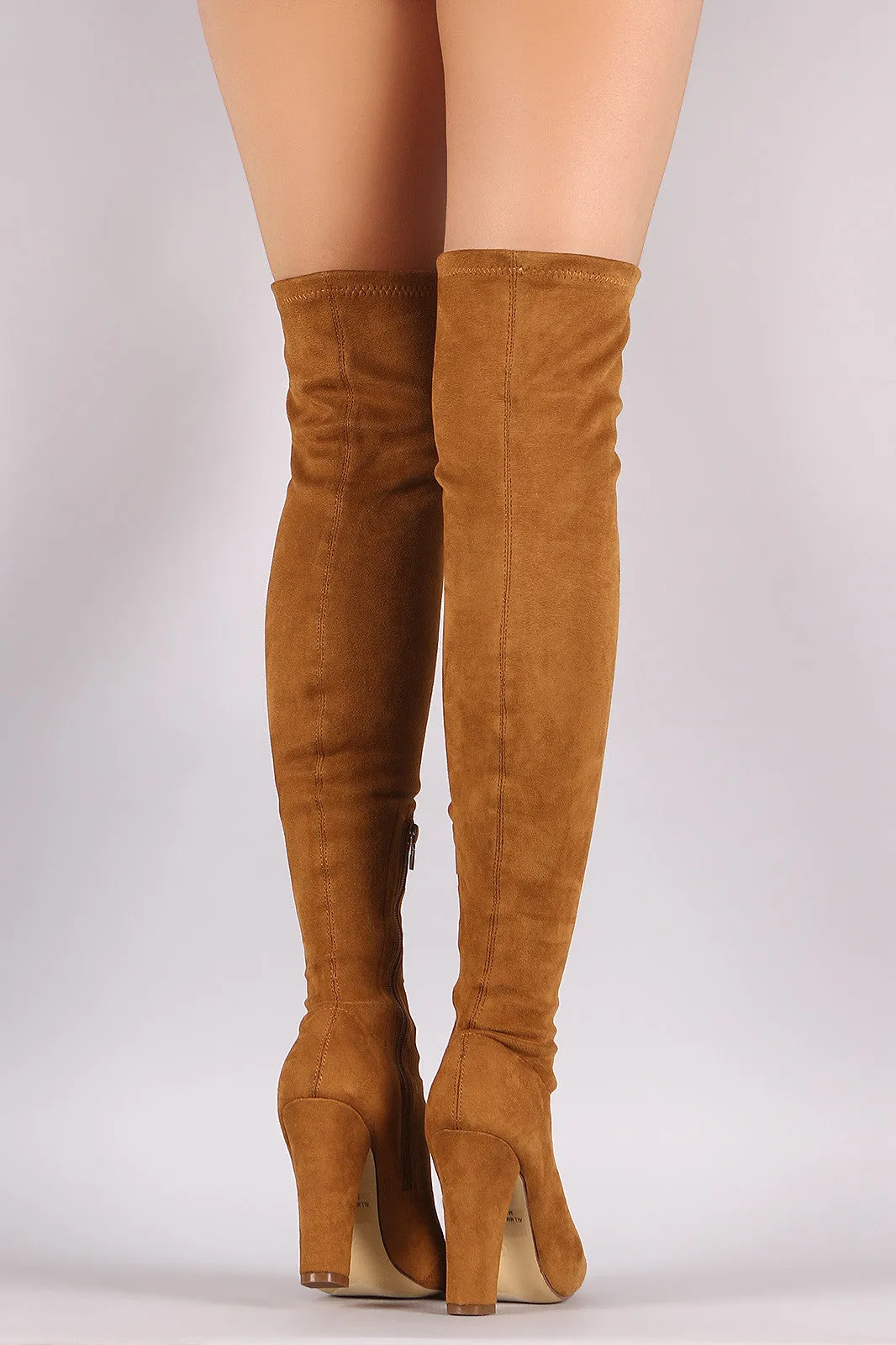 Suede Lace Up Almond Toe Chunky Heeled Over-The-Knee Boots