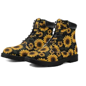 Sunflower Women Leather Boots, Yellow Flowers Floral Vegan Lace Up Shoes Hiking Festival Black Ankle Work Winter Waterproof Custom Ladies