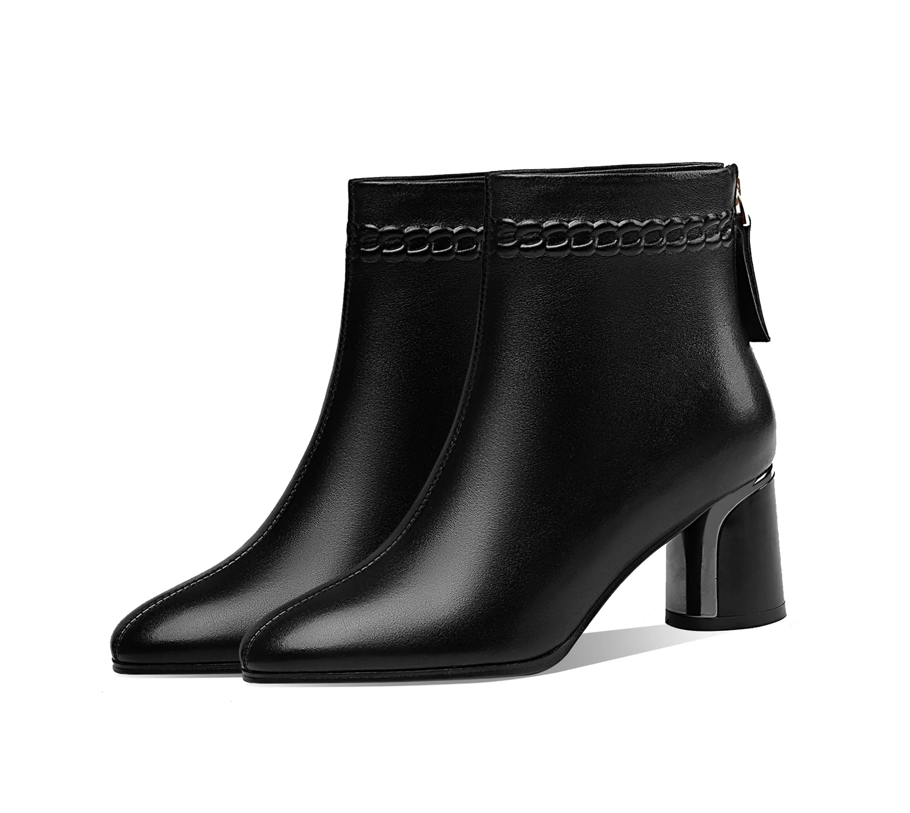 TinaCus Handmade Women's Genuine Leather Pointed Toe Back Zipper Mid Chunky Heel Ankle Boots