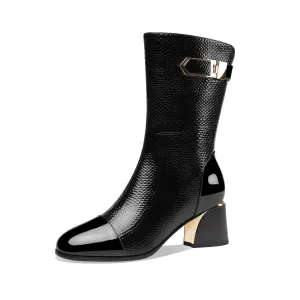 TinaCus Handmade Women's Patent Leather Side Zip Up Block Heel Cap-Toe Black Mid-Calf Boots with Chic Metal Pattern