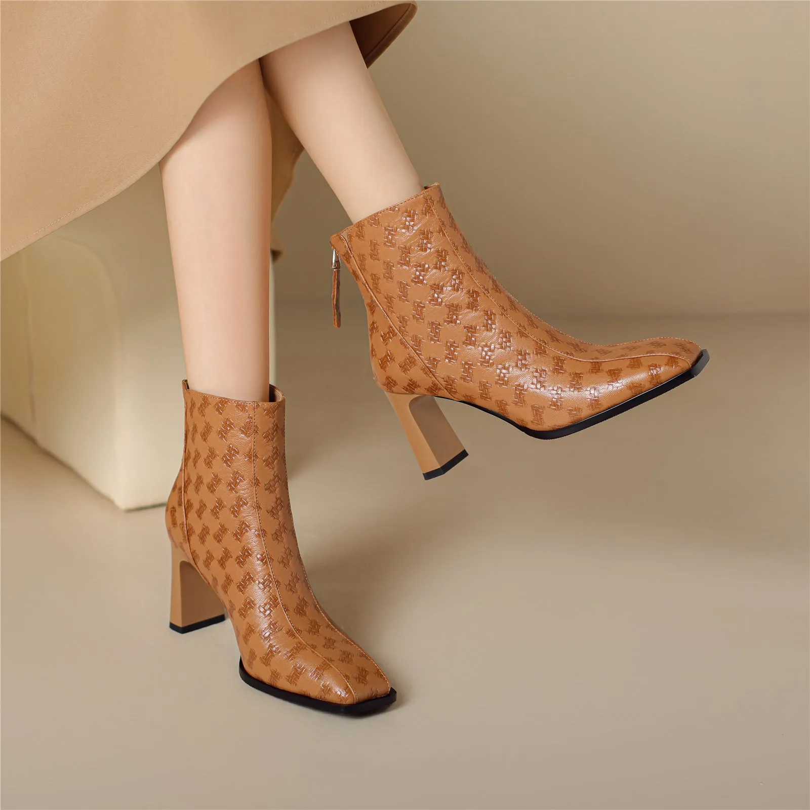 TinaCus Women Genuine Leather High Heel Handmade Back Zipper Square Toe Ankle Boots