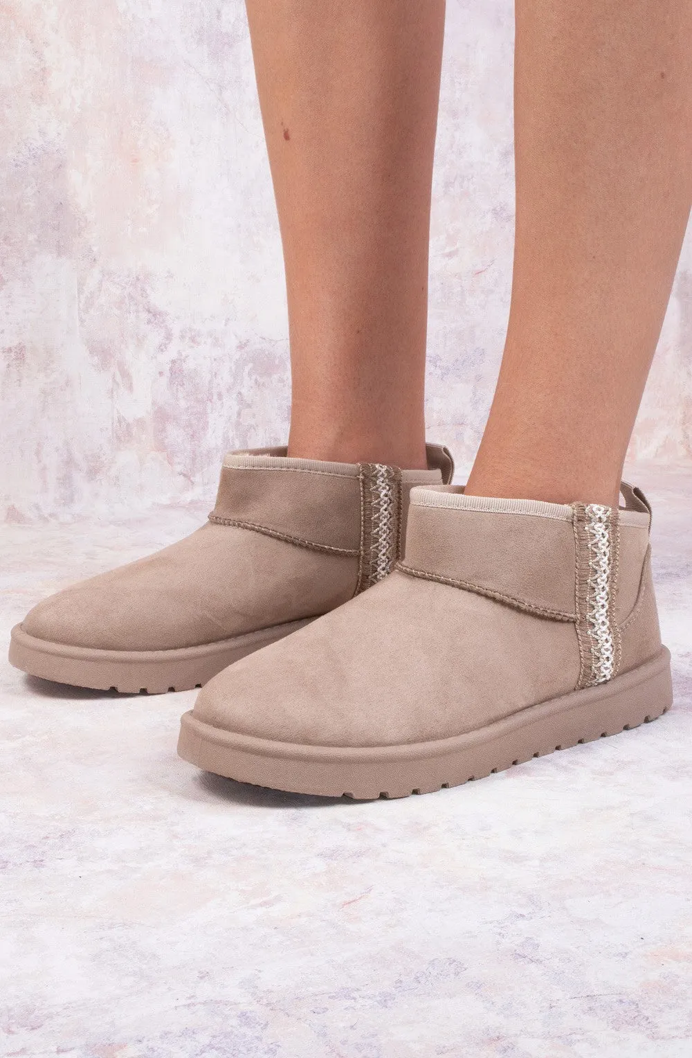 Ultra Mini Ankle Length Embroidery Faux Fur Lining Boots In Taupe Suede