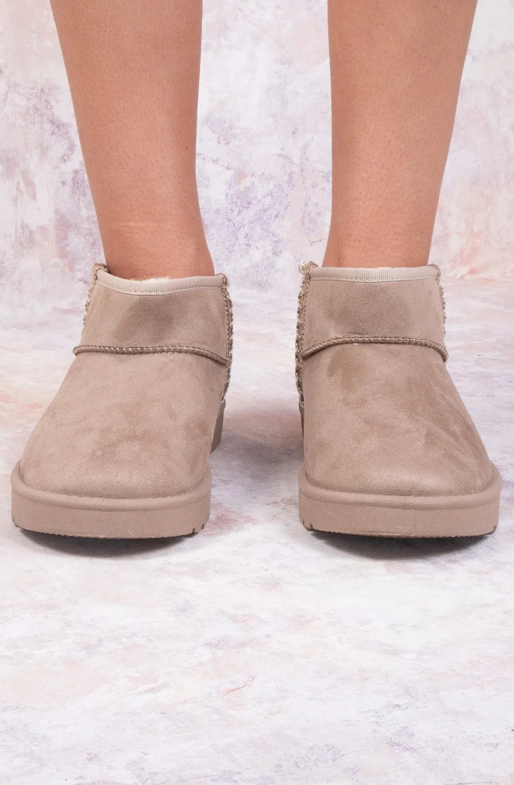 Ultra Mini Ankle Length Embroidery Faux Fur Lining Boots In Taupe Suede