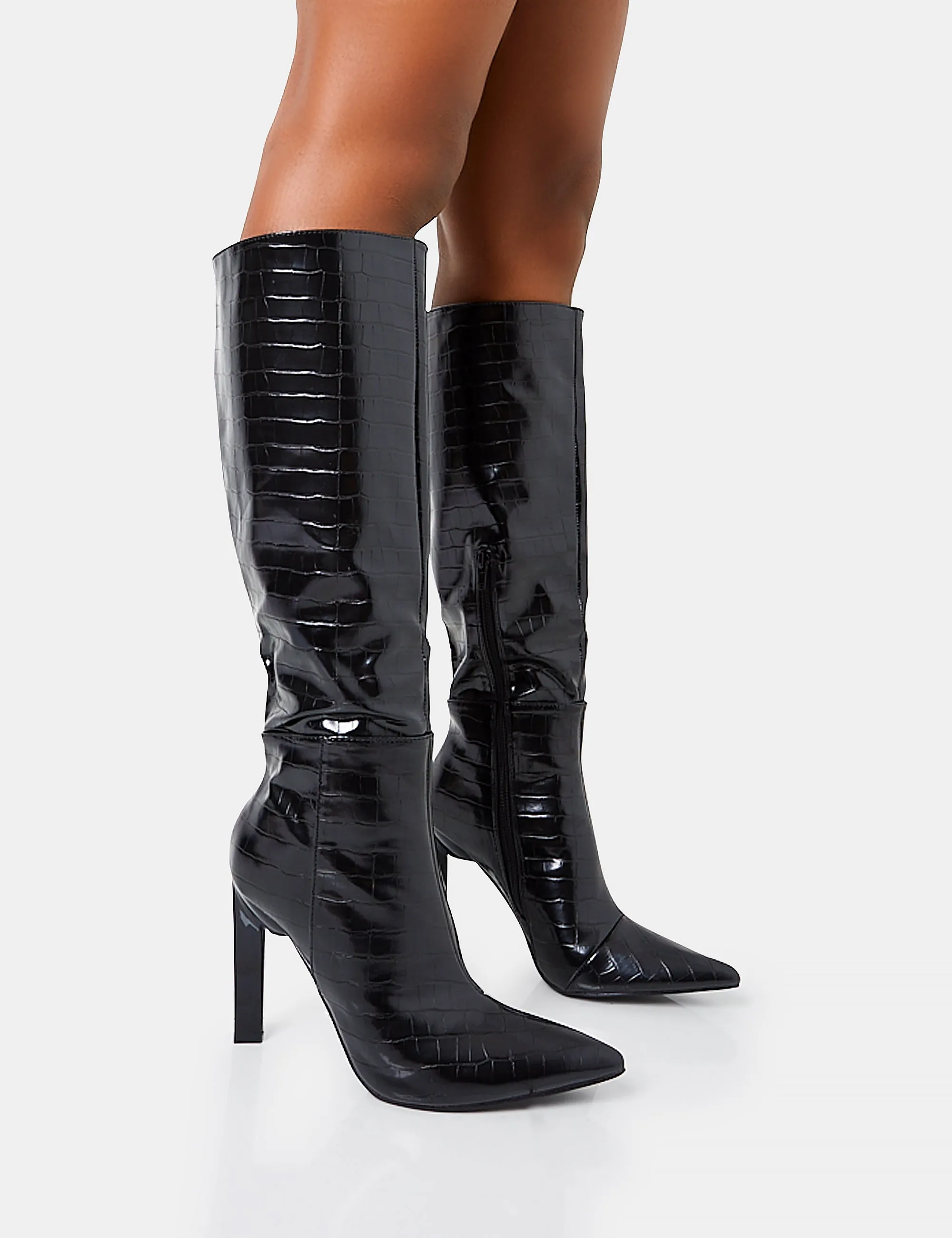 Unite Black Croc Pointed Toe  Knee High Block Heeled Boots