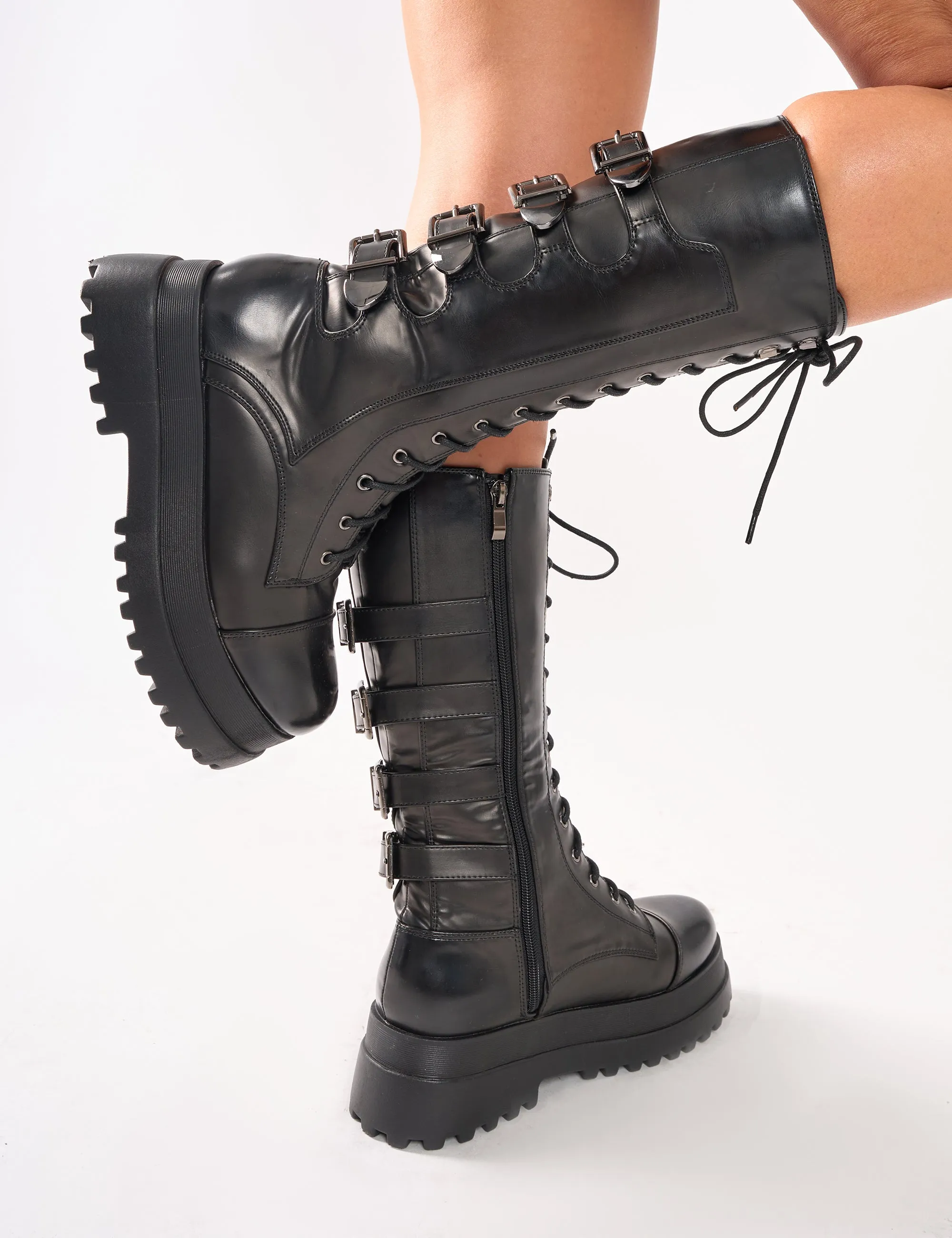 Vex Black Multi Buckle Detail Lace Up Knee High Boots