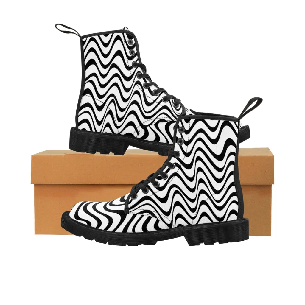 Wavy Print Men's Boots, Black White Best Hiking Winter Boots Laced Up Shoes For Men