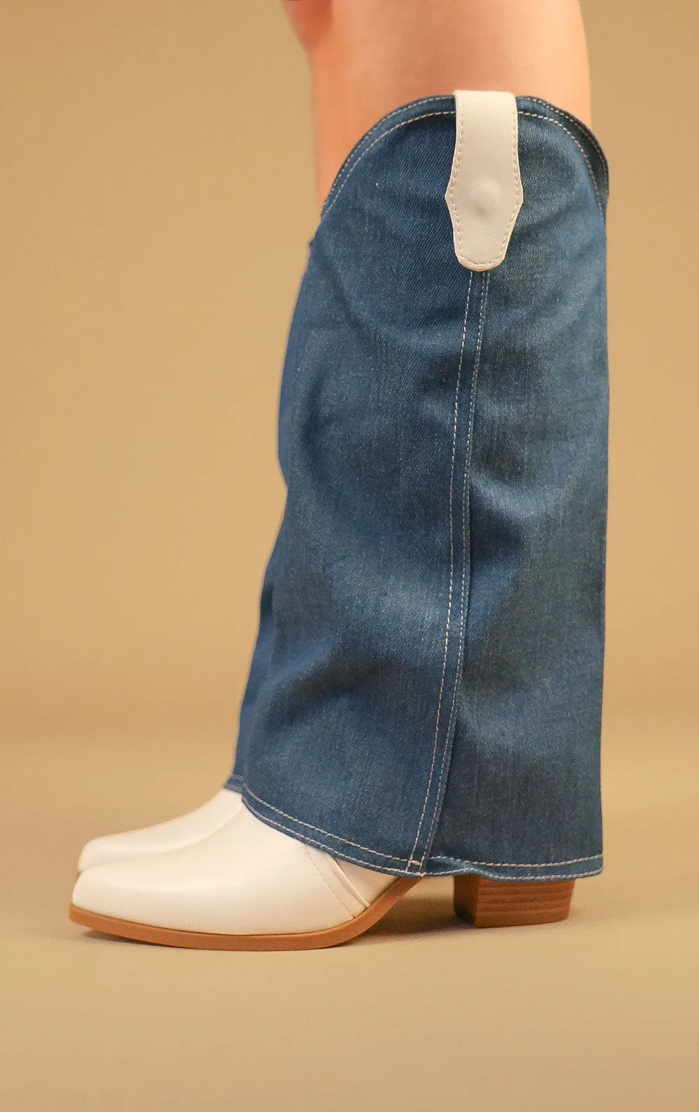 White Cowboy Boots With Denim Detachable Sleeves