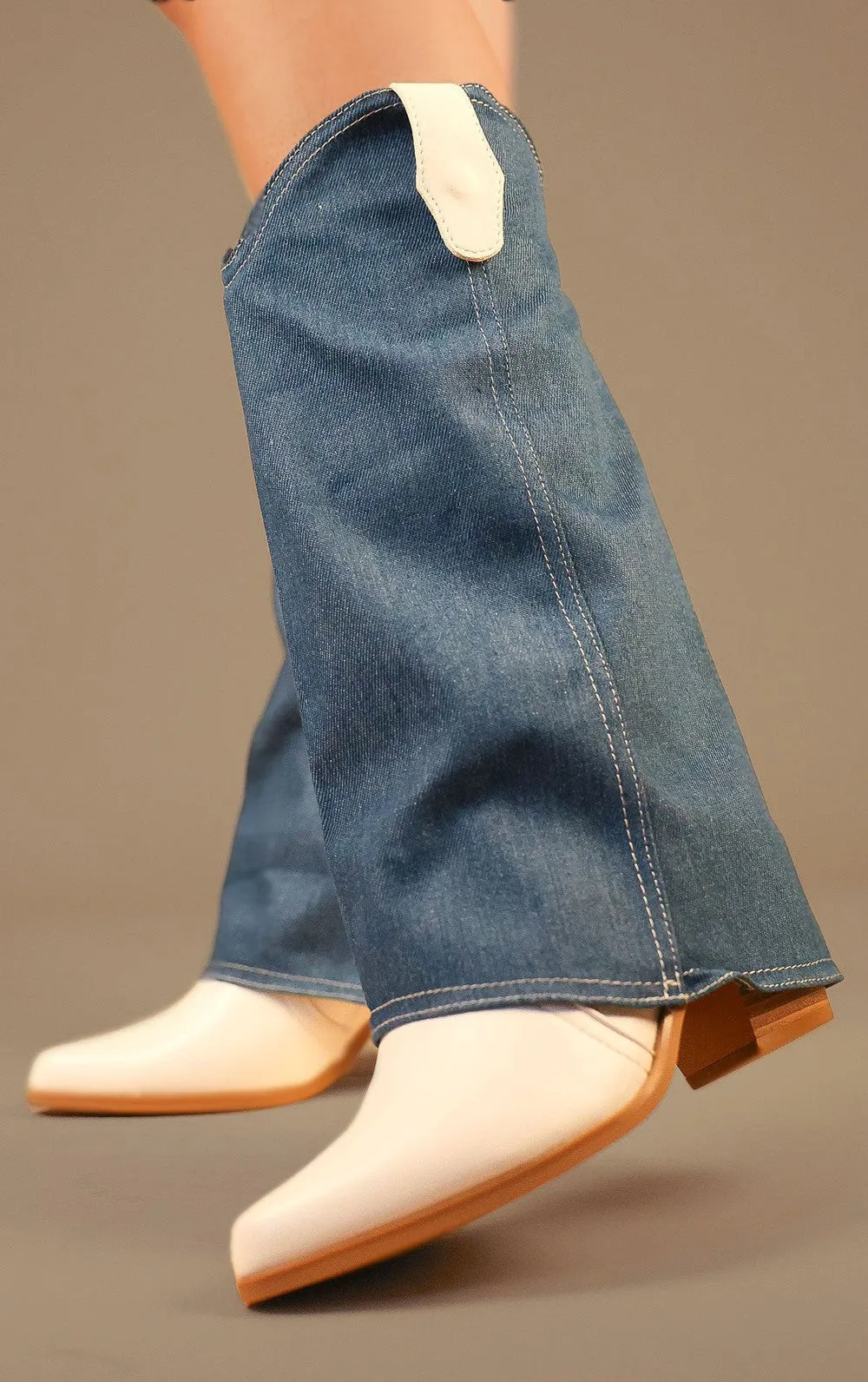 White Cowboy Boots With Denim Detachable Sleeves