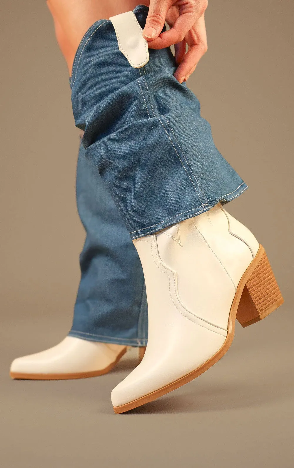 White Cowboy Boots With Denim Detachable Sleeves