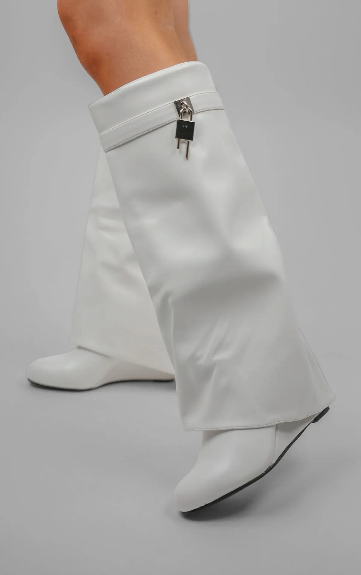 White PU Padlock Knee High Fold Over Shark Boot