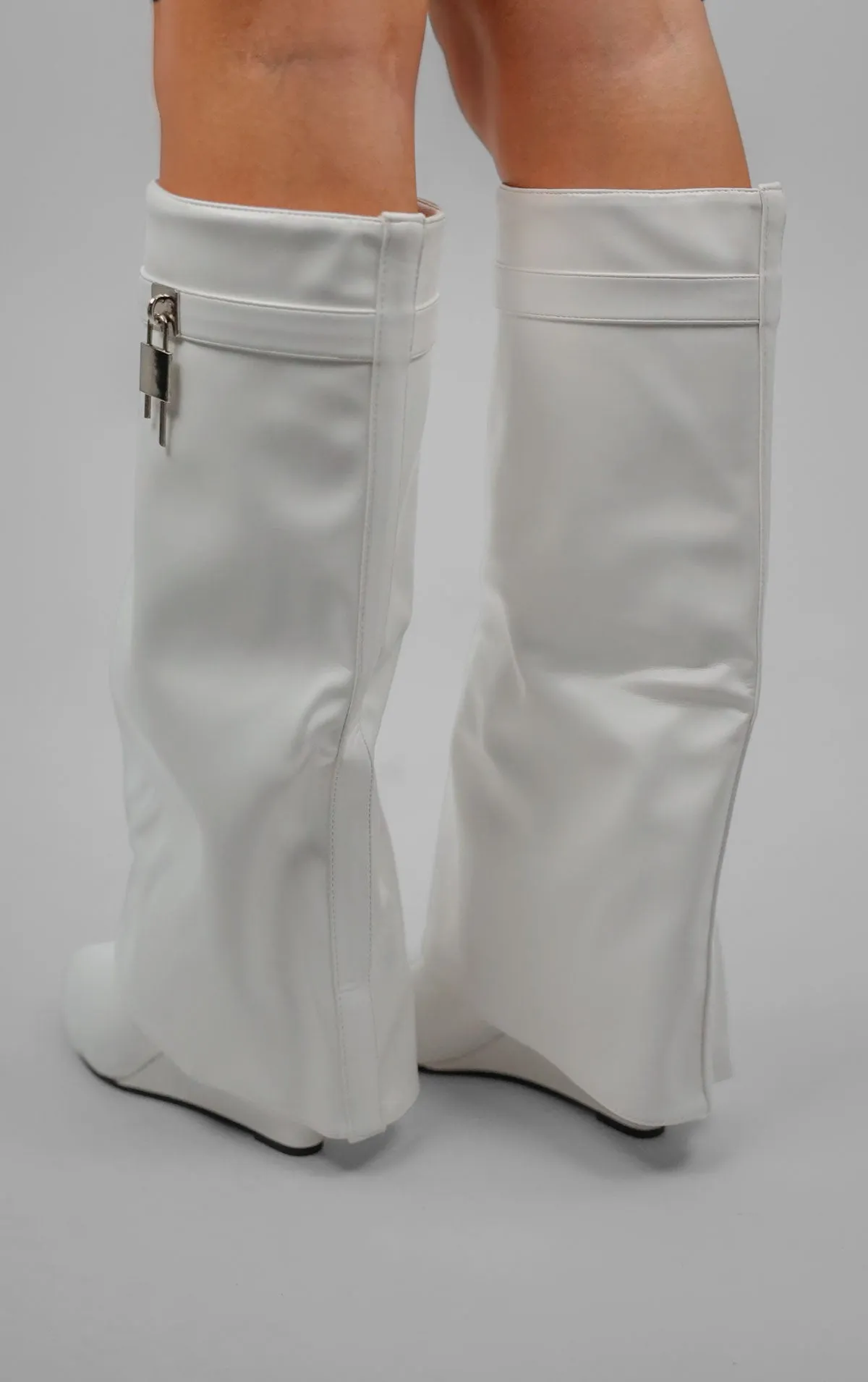 White PU Padlock Knee High Fold Over Shark Boot