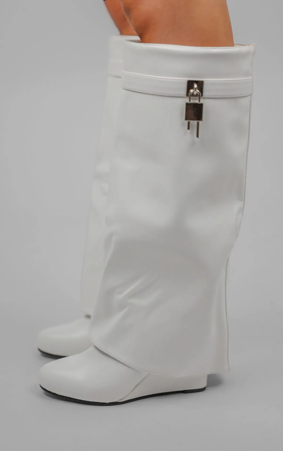 White PU Padlock Knee High Fold Over Shark Boot