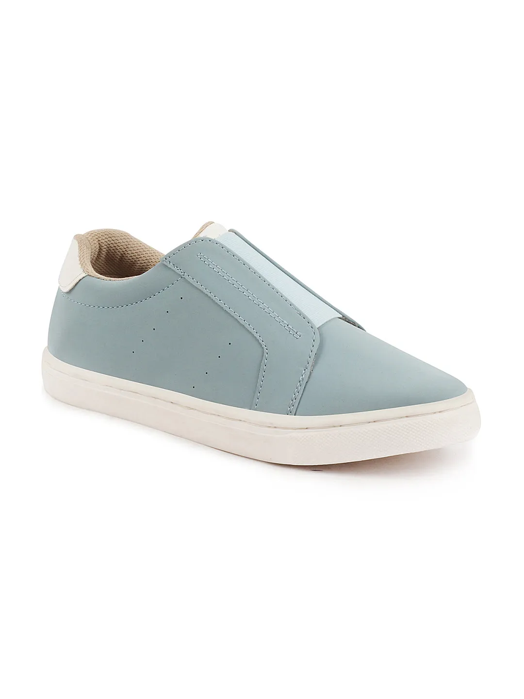 Women Sky Blue Elastic Closure Stitched Comfort Slip On Sneaker Shoes