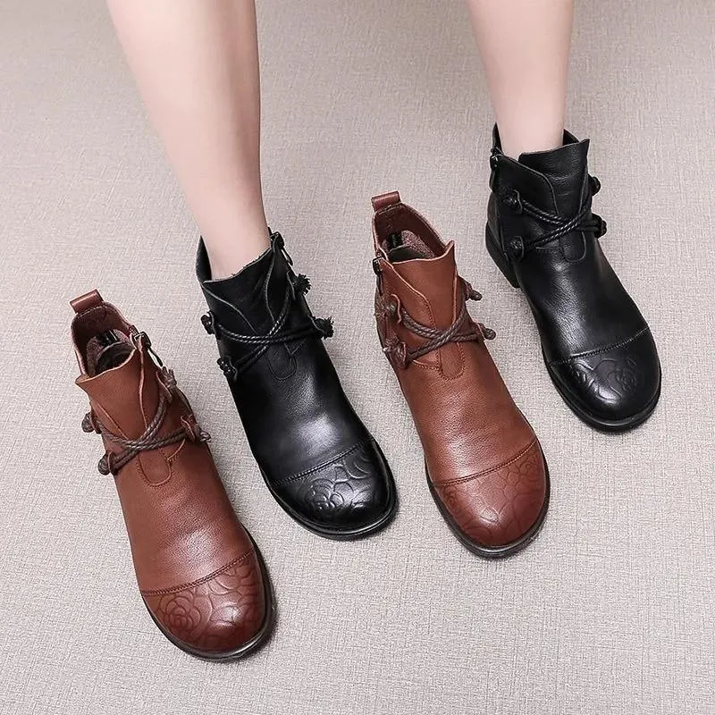 Women's Casual Shoes Soft Leather Flat Ankle Boots 0738