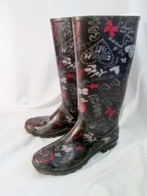 Womens COACH POPPY Gumboots Wellies Rain Boots Rainboots Foul Weather 7 BLACK HEART