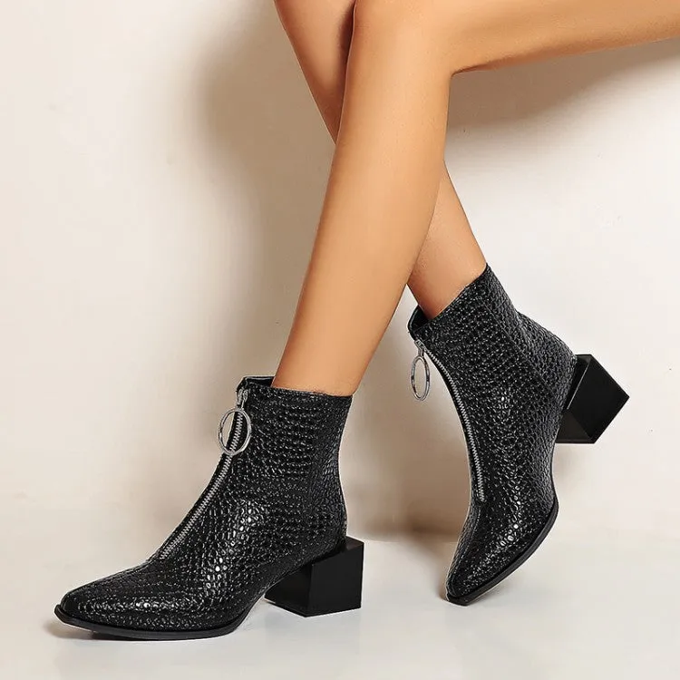 Women's Snake Printed Pu Leather Zippers Pointed Toe Block Chunky Heel Short Boots