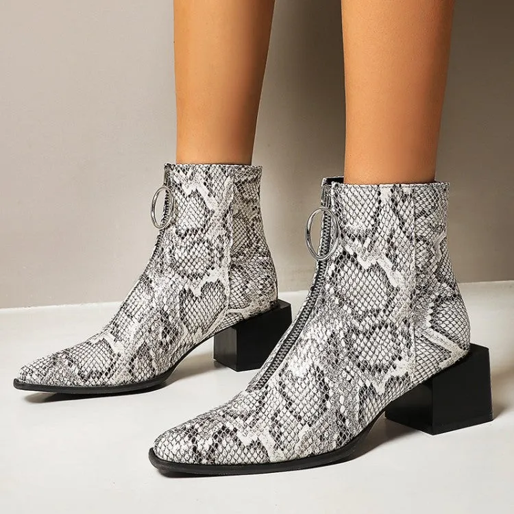 Women's Snake Printed Pu Leather Zippers Pointed Toe Block Chunky Heel Short Boots