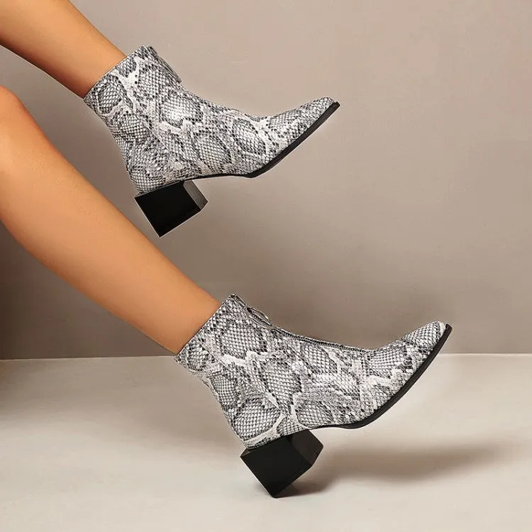 Women's Snake Printed Pu Leather Zippers Pointed Toe Block Chunky Heel Short Boots