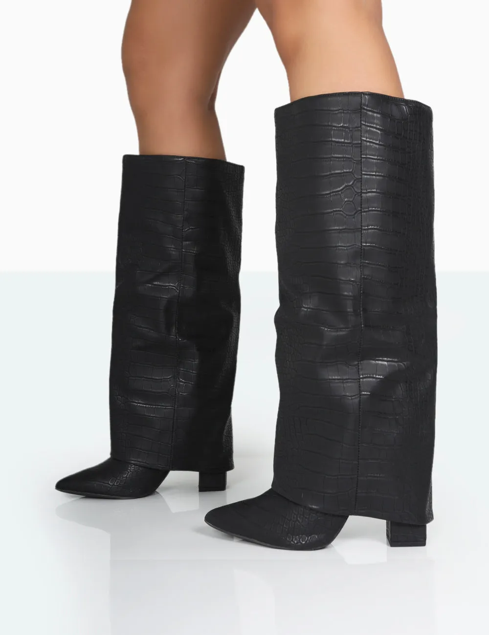 Zendaya Wide Fit Matt Black Croc Pointed Toe Knee High Boots