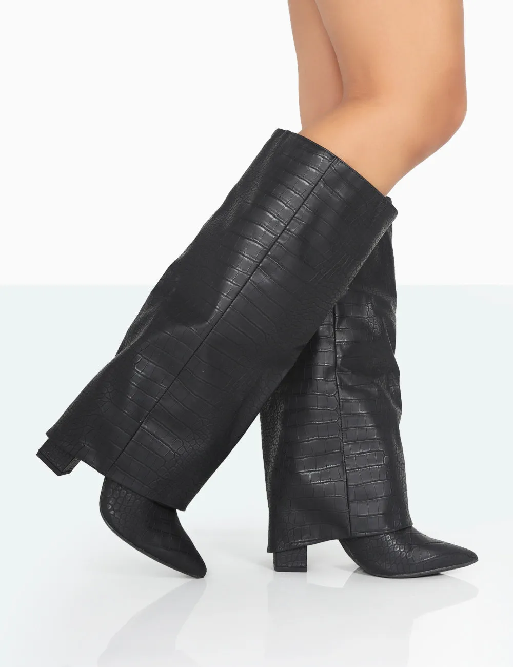 Zendaya Wide Fit Matt Black Croc Pointed Toe Knee High Boots